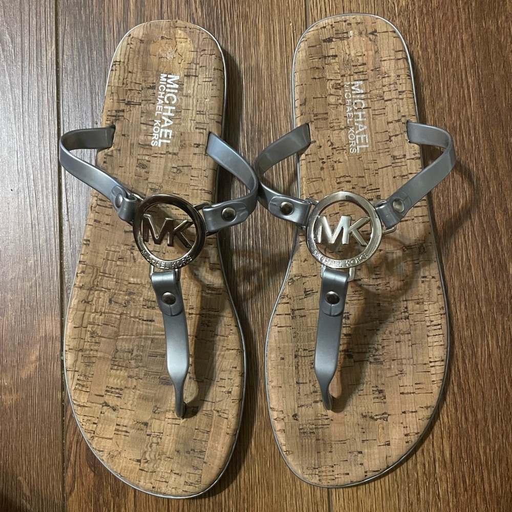 MK Logo Michael Kors Silver Jelly & Cork Flat Thong Flip Flops Sandals